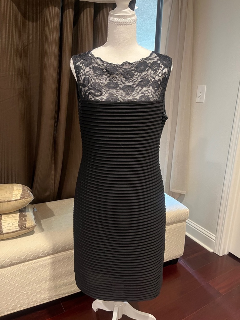 connected apparel Black Lace-Trim Ribbed Midi Dress
